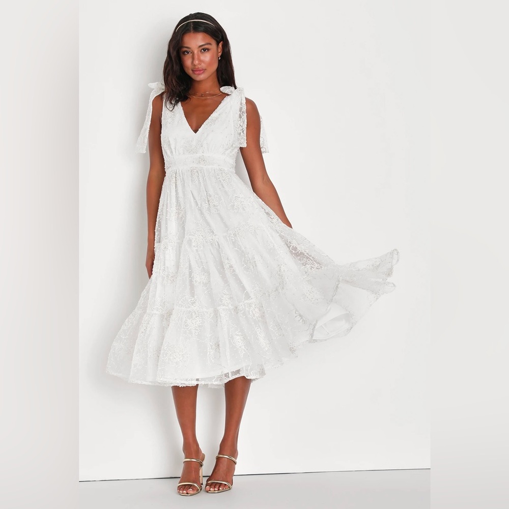 Lulus Forever Endearing White Swiss Dot Embroidered Midi Dress